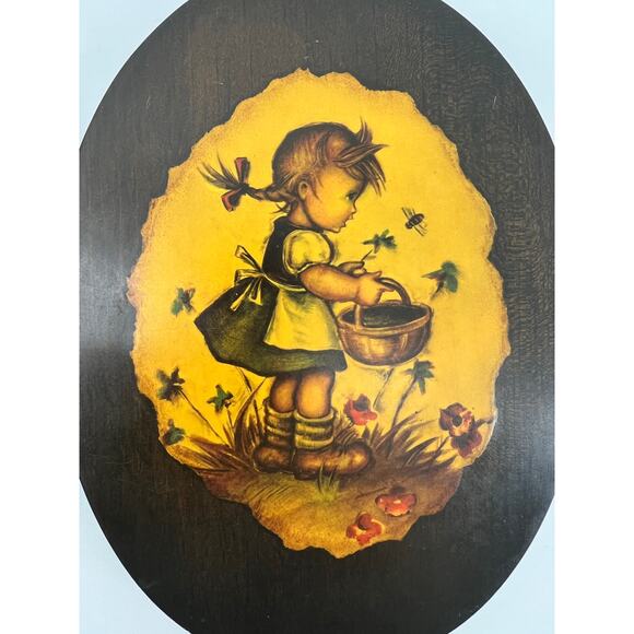 VTG. Hummel Art Boy and Girl Decoupage Plaques 2 Wood Oval Boy Cat Girl Flowers - Picture 7 of 12